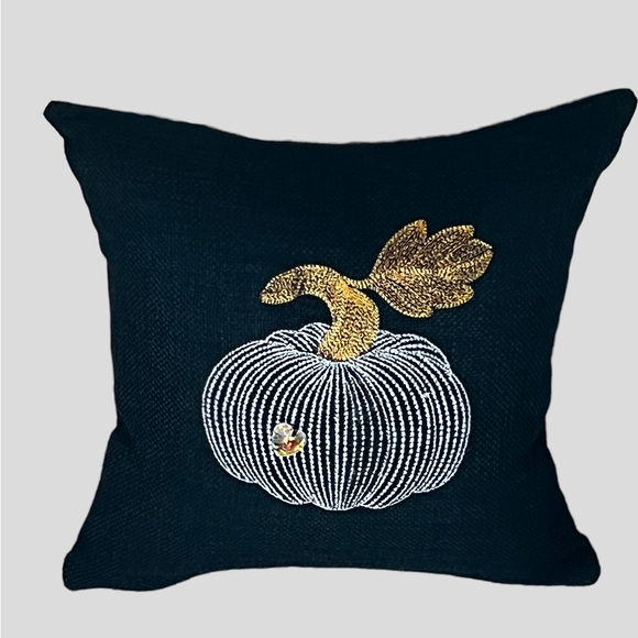 Fall Pillow with White embroidered Pumpkin with faceted glass crystal heart - Picture 2 of 3